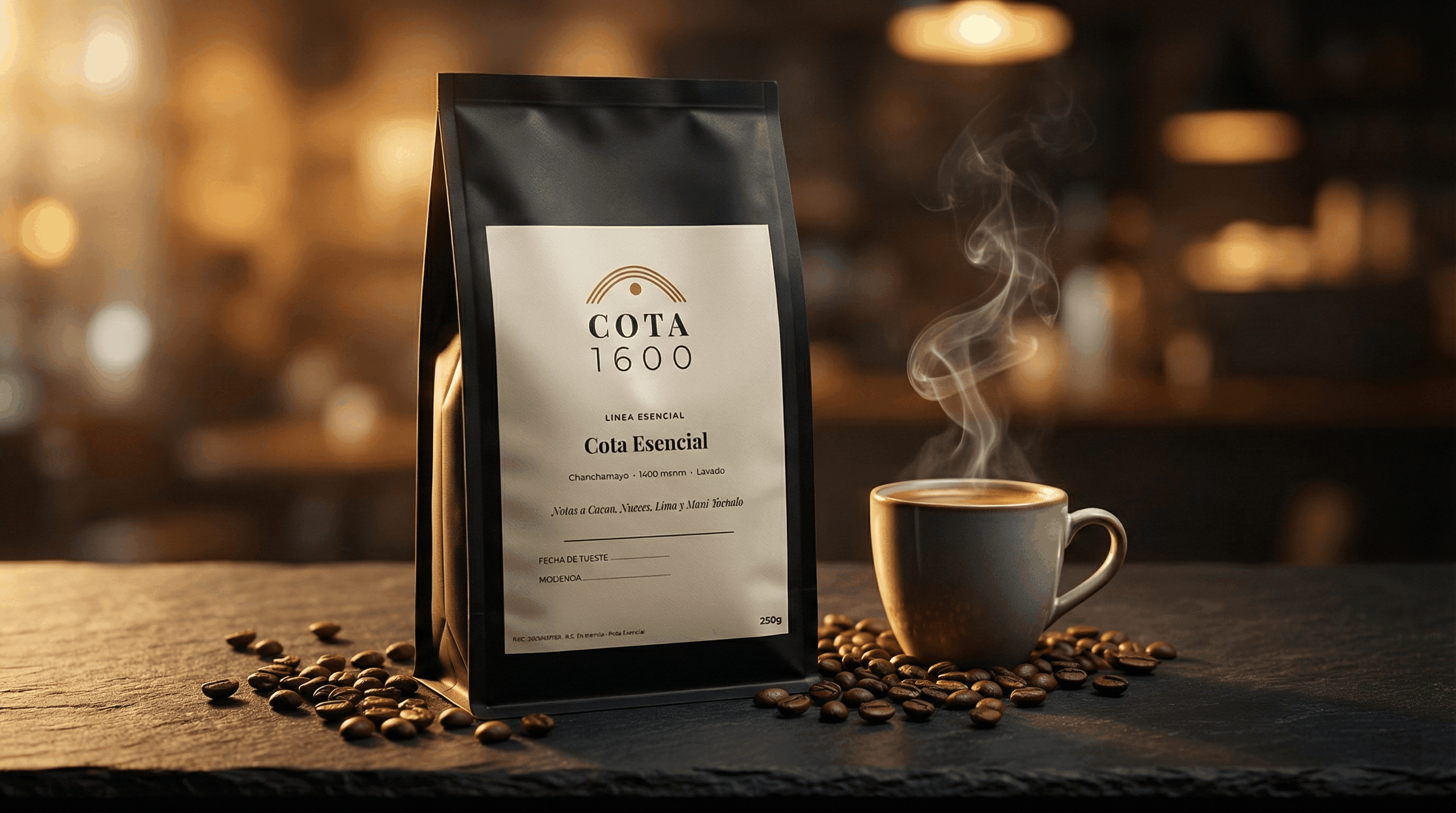 Bolsa de café de especialidad Cota 1600 sobre mesa de piedra oscura con taza humeante y granos tostados — Chanchamayo, Perú